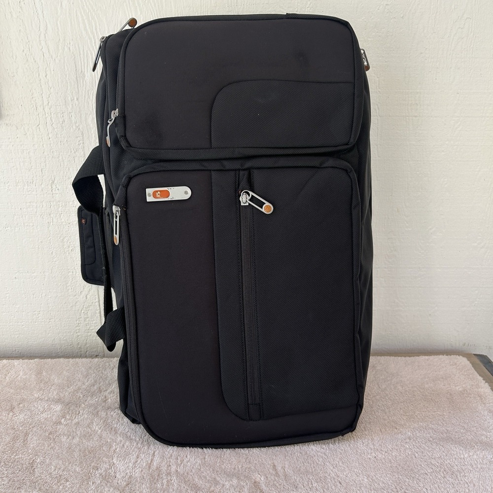 Vintage Jansport Duffle Luggage Black W/ Leather Handle Patches Removable Strap